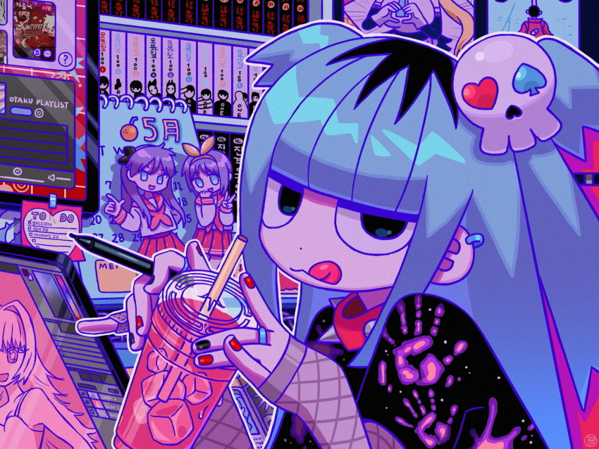 1girl :d bandaid bandaid_on_hand black_eyes black_hair black_nails black_shirt blue_hair blunt_bangs calendar_(object) character_doll collar cup dot_nose drawing_tablet drinking_straw earrings hair_ornament highres hiiragi_kagami hiiragi_tsukasa holding holding_cup holding_stylus jewelry list long_hair looking_at_viewer lucky_star manga_(object) monitor multicolored_hair neon_palette original outline poster_(object) print_shirt ramdaram red_collar red_nails shirt short_twintails skull_hair_ornament smile solo spiked_collar spikes spotify star_(symbol) streaked_hair stylus tongue tongue_out twintails white_outline