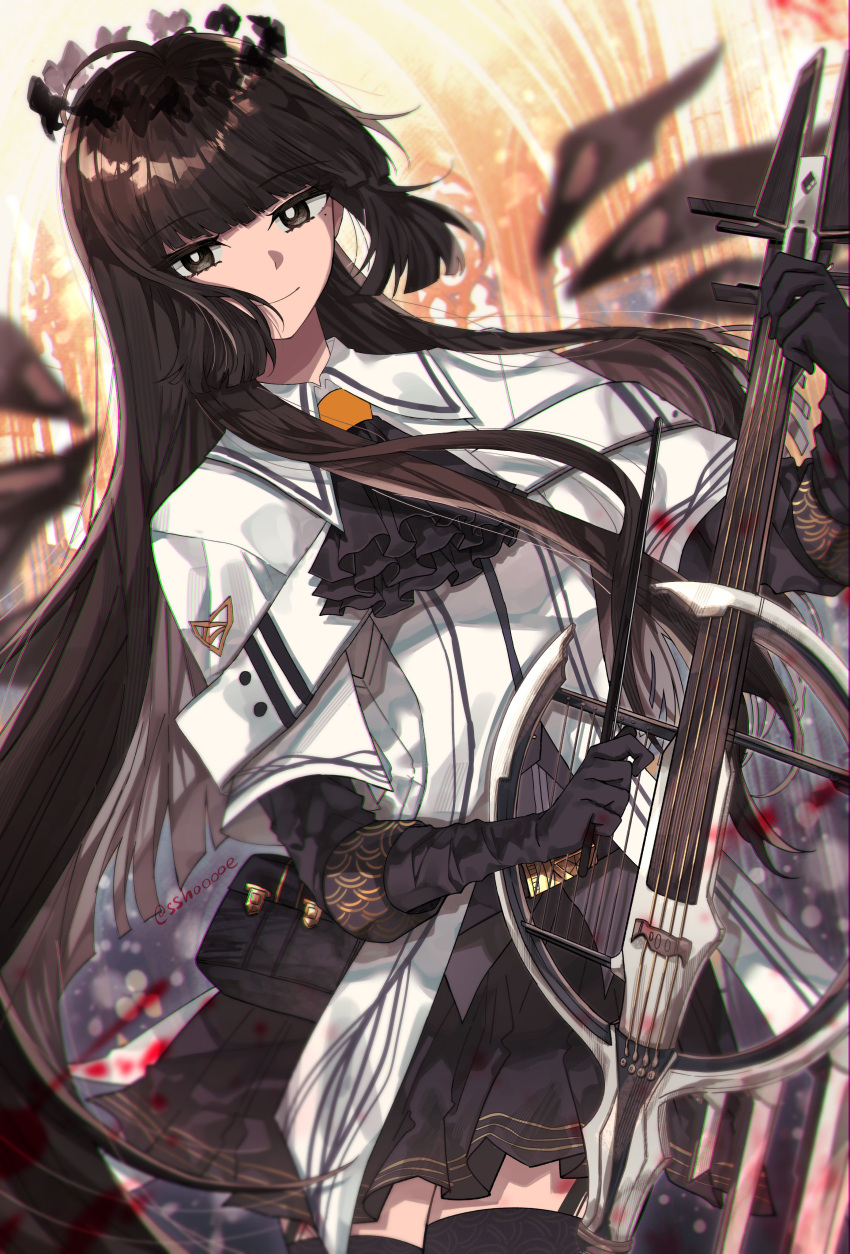 1girl absurdres arknights ascot black_ascot black_eyes black_gloves black_hair black_skirt blunt_bangs bright_pupils commentary cowboy_shot gloves highres holding holding_instrument instrument long_hair looking_at_viewer miniskirt pleated_skirt pouch shirt skirt smile solo sshooooe standing very_long_hair virtuosa_(arknights) white_pupils white_shirt