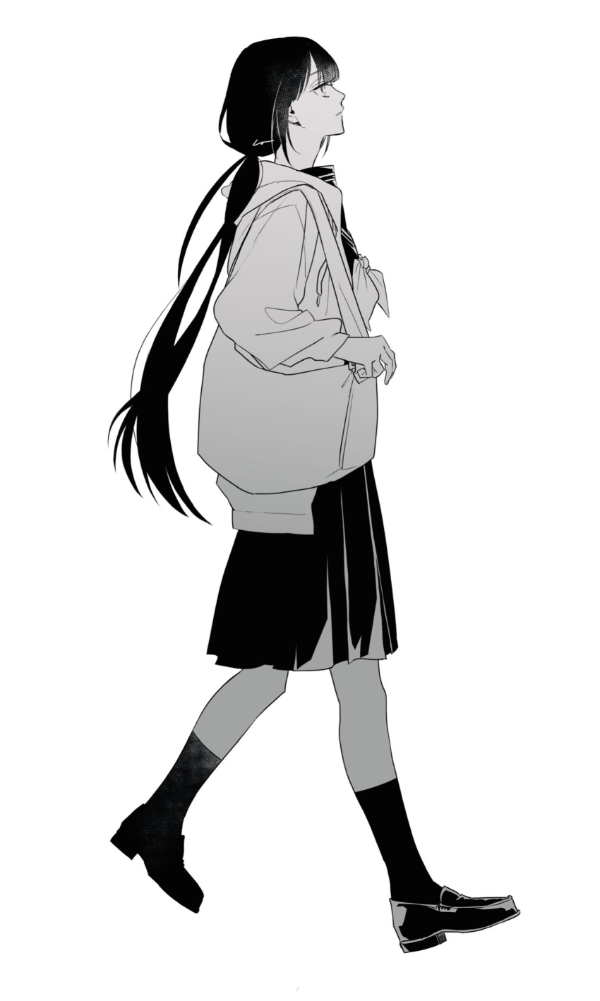 1girl absurdres black_serafuku closed_mouth expressionless greyscale highres hogi_(user_kvsm8422) hood hood_down hoodie inabakumori jitome long_hair long_sleeves low_twintails monochrome neckerchief open_clothes open_hoodie osage_(nukunuku_nigirimeshi) pleated_skirt school_uniform serafuku shoes simple_background skirt socks solo teeth twintails walking white_background