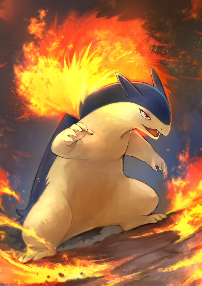 absurdres blurry commentary_request dated day_walker1117 fang fire hand_up highres hunched_over no_humans open_mouth pokemon pokemon_(creature) red_eyes solo typhlosion