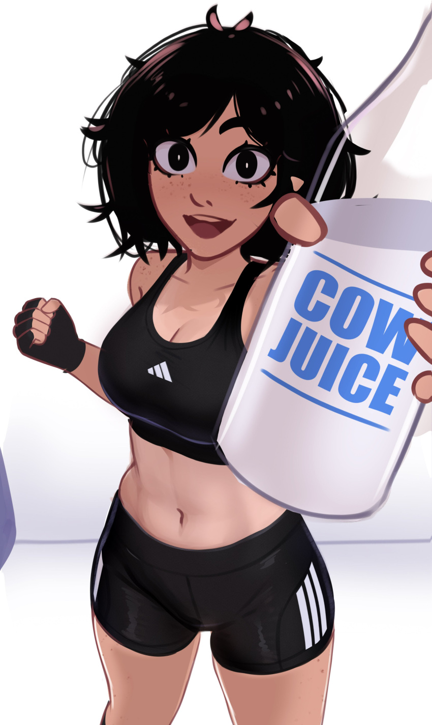 1girl :d absurdres adidas bike_shorts black_eyes black_hair black_shorts black_sports_bra body_freckles bottle breasts cleavage clenched_hand fingerless_gloves foreshortening freckles gloves highres holding holding_bottle looking_at_viewer medium_breasts messy_hair milk milk_bottle navel open_mouth original outstretched_arm reaching reaching_towards_viewer shorts smile solo sports_bra stomach teeth thighs upper_teeth_only veyonis wide-eyed yuna_(veyonis)