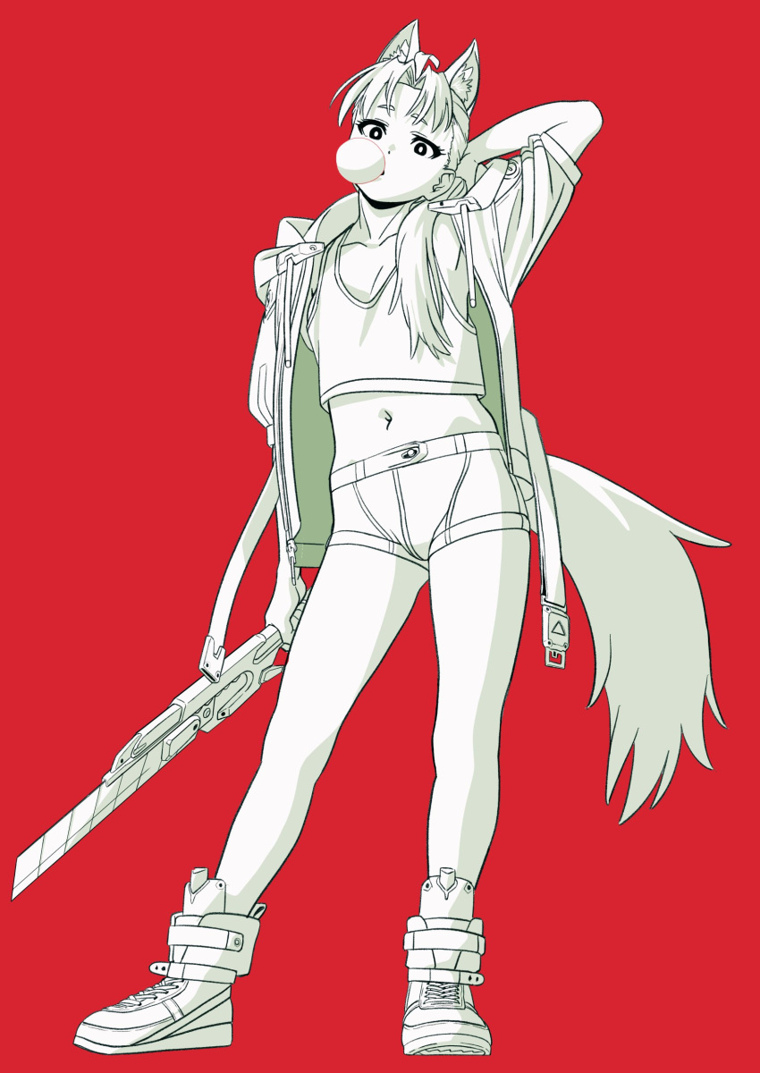 1girl absurdres animal_ear_fluff animal_ears boots chewing_gum collarbone crop_top fox_ears fox_girl fox_tail highres jacket long_hair looking_at_viewer midriff monochrome navel nishiya_yasushi open_clothes open_jacket original red_background shorts simple_background solo standing tail