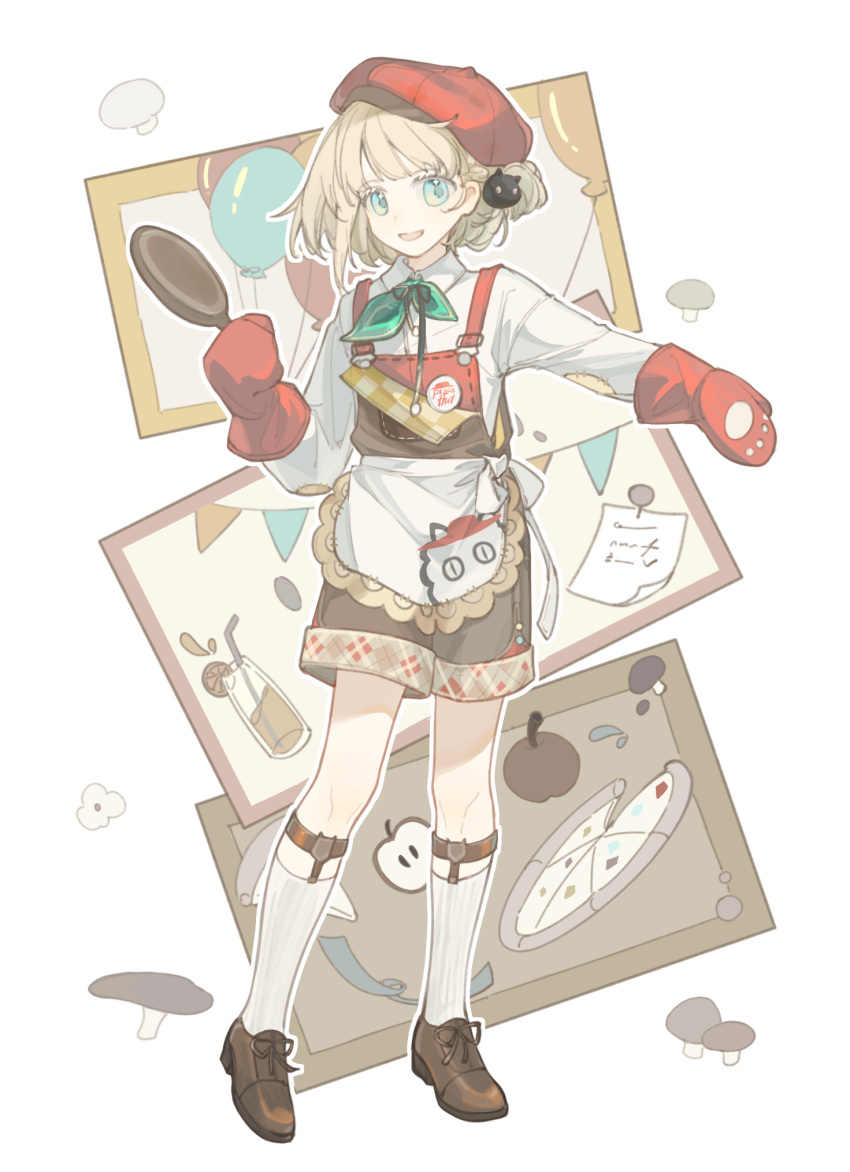 1boy :d apple apron aqua_eyes aqua_neckerchief balloon beret bishounen blonde_hair bob_cut brown_footwear brown_shorts collared_shirt cup drinking_glass ezra_theodore food fruit frying_pan full_body hat highres holding holding_frying_pan kneehighs legs_apart legwear_garter long_sleeves looking_at_viewer male_focus mittens mushroom neckerchief official_alternate_costume one_side_up oven_mitts overall_shorts overalls pizza pizza_hut red_hat red_mittens reverse:1999 shirt short_hair shorts smile socks solo standing string_of_flags tansuangai_fenmo waist_apron white_apron white_background white_shirt white_socks