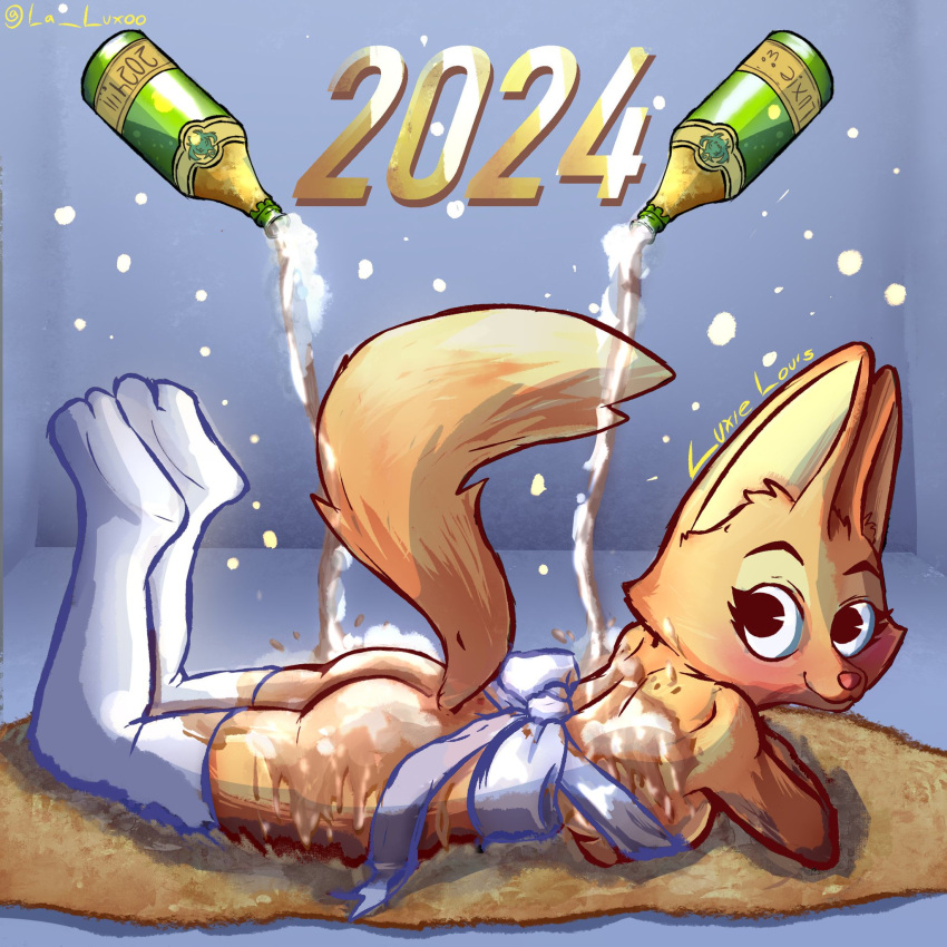 2024 alcohol anthro beverage breasts butt canid canine clothing diane_foxington dreamworks female fox hi_res la_luxo legwear lying mammal new_year_2024 on_front pouring_onto_self ribbons solo stockings the_bad_guys watermark wine wine_bottle