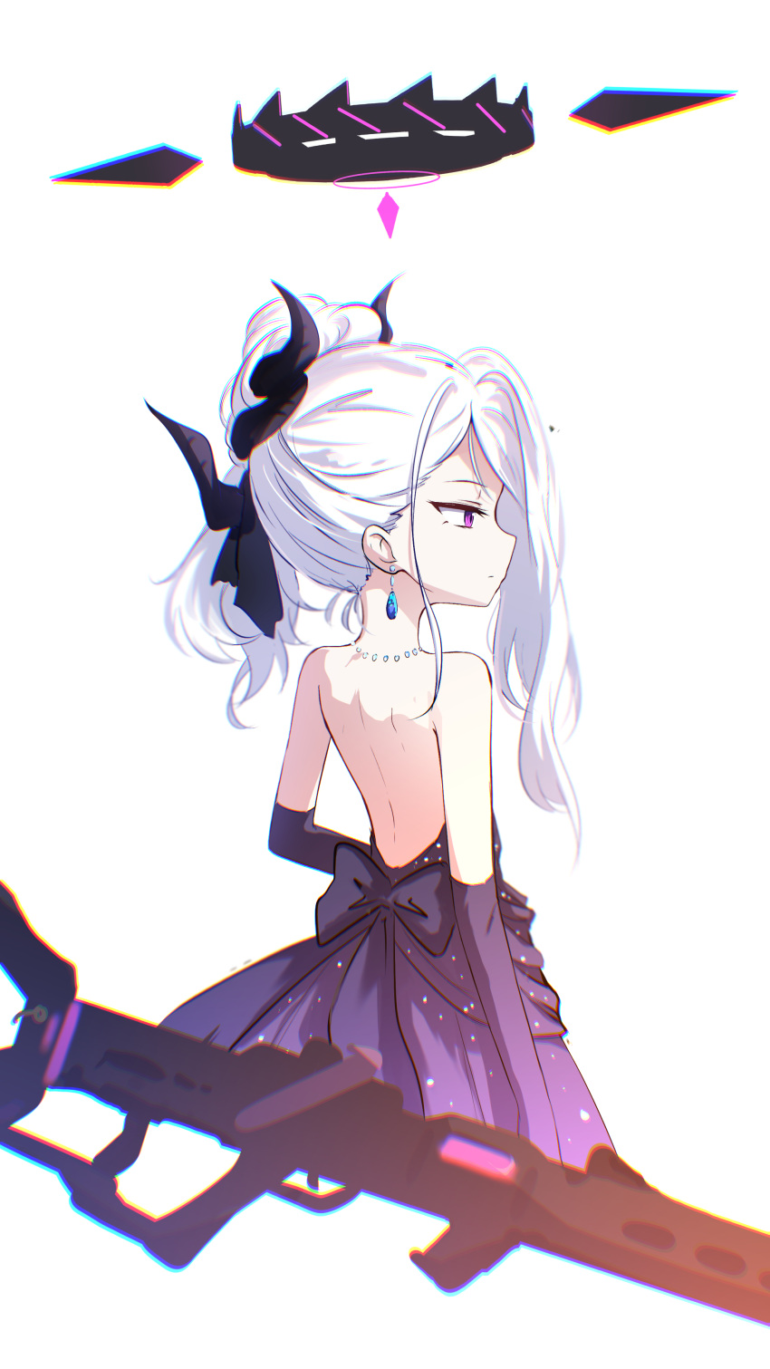 1girl absurdres backless_dress backless_outfit bare_back bare_shoulders blue_archive chromatic_aberration cropped_torso demon_horns dress earrings elbow_gloves from_behind gloves grey_hair gun hair_over_one_eye halo highres hina_(blue_archive) hina_(dress)_(blue_archive) horns jewelry kiroshi lone_nape_hair long_hair multiple_horns necklace official_alternate_costume purple_dress purple_eyes purple_gloves simple_background solo strapless strapless_dress weapon white_background