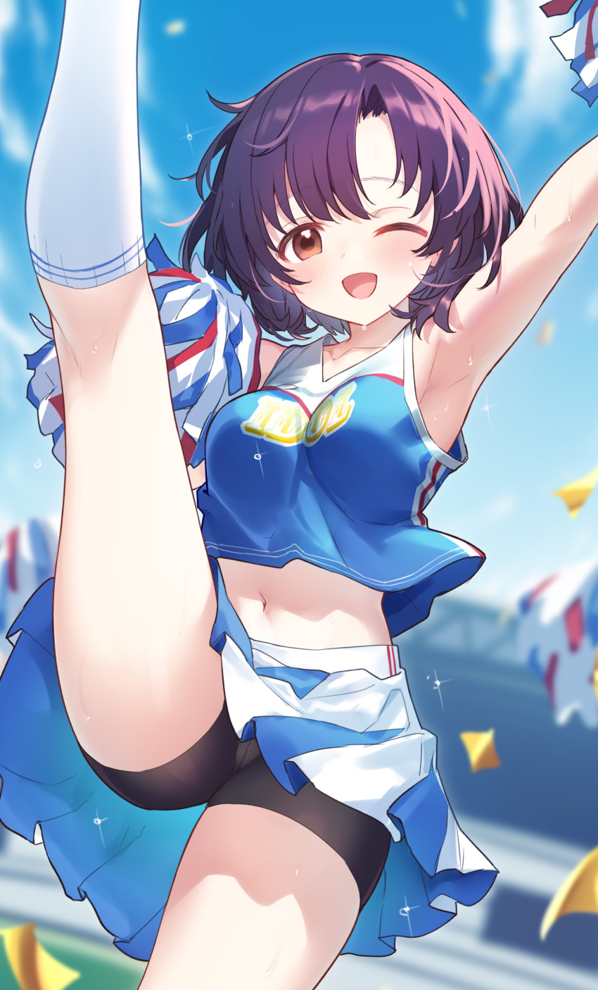 1girl :d absurdres arm_up armpits bike_shorts bike_shorts_under_skirt black_hair blue_sky blush breasts cameltoe cheering cheerleader cloud cloudy_sky collarbone crop_top cropped_shirt dot_nose feet_up forehead highres hiraga_matsuri holding holding_pom_poms idolmaster idolmaster_cinderella_girls idolmaster_cinderella_girls_starlight_stage kneehighs leg_up looking_at_viewer medium_breasts midriff navel one_eye_closed open_mouth outdoors parted_bangs pleated_skirt pom_pom_(cheerleading) shiragiku_hotaru short_hair skirt sky sleeveless smile socks solo standing standing_on_one_leg sweat thighs white_socks