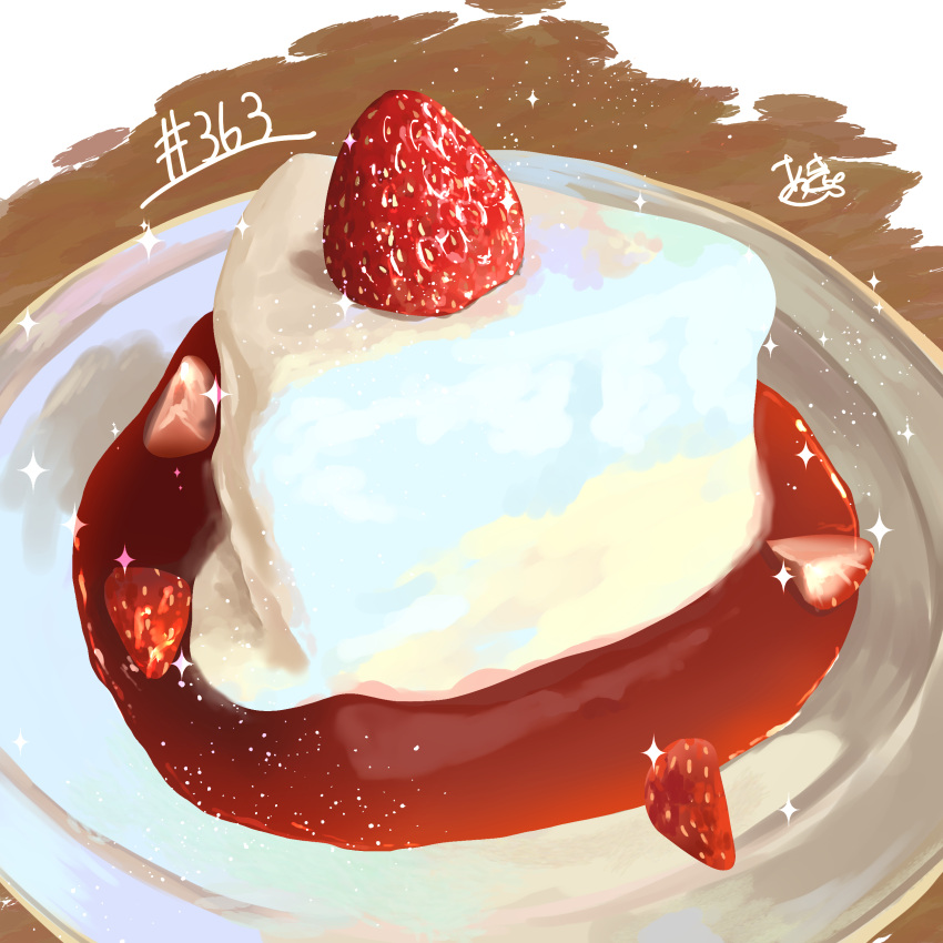 absurdres cake food food_focus fruit highres no_humans original plate still_life strawberry syrup table takisou_sou