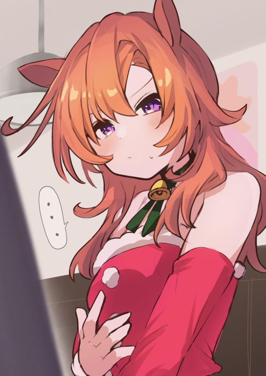 ... 1girl amano_(amano_miko) animal_ears bare_shoulders bell blush breasts choker closed_mouth detached_sleeves dress hair_between_eyes hand_on_own_chest highres horse_ears horse_girl lamp long_hair long_sleeves neck_bell orange_hair purple_eyes santa_dress solo t.m._opera_o_(umamusume) umamusume upper_body