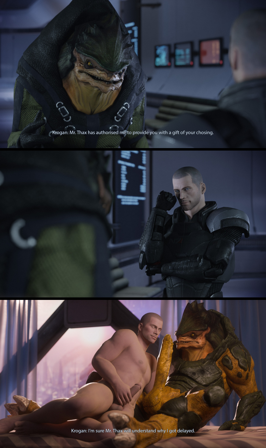 2024 3_fingers 3_panel_comic 3d_(artwork) 4_balls absurd_res alien armor balls bed bed_sheet bedding bedroom_eyes bioware blender_(artwork) blinds clothed clothing commander_shepard digital_media_(artwork) duo electronic_arts english_text eye_contact fingers furniture genitals green_body hi_res human humanoid_genitalia humanoid_penis krogan long_penis looking_at_another male male/male mammal mass_effect masturbation multi_balls multi_genitalia multicolored_body muscular muscular_male narrowed_eyes nipples nude on_bed penis penis_size_difference rooking scalie seductive text two_tone_body vein veiny_penis window yellow_body yellow_eyes