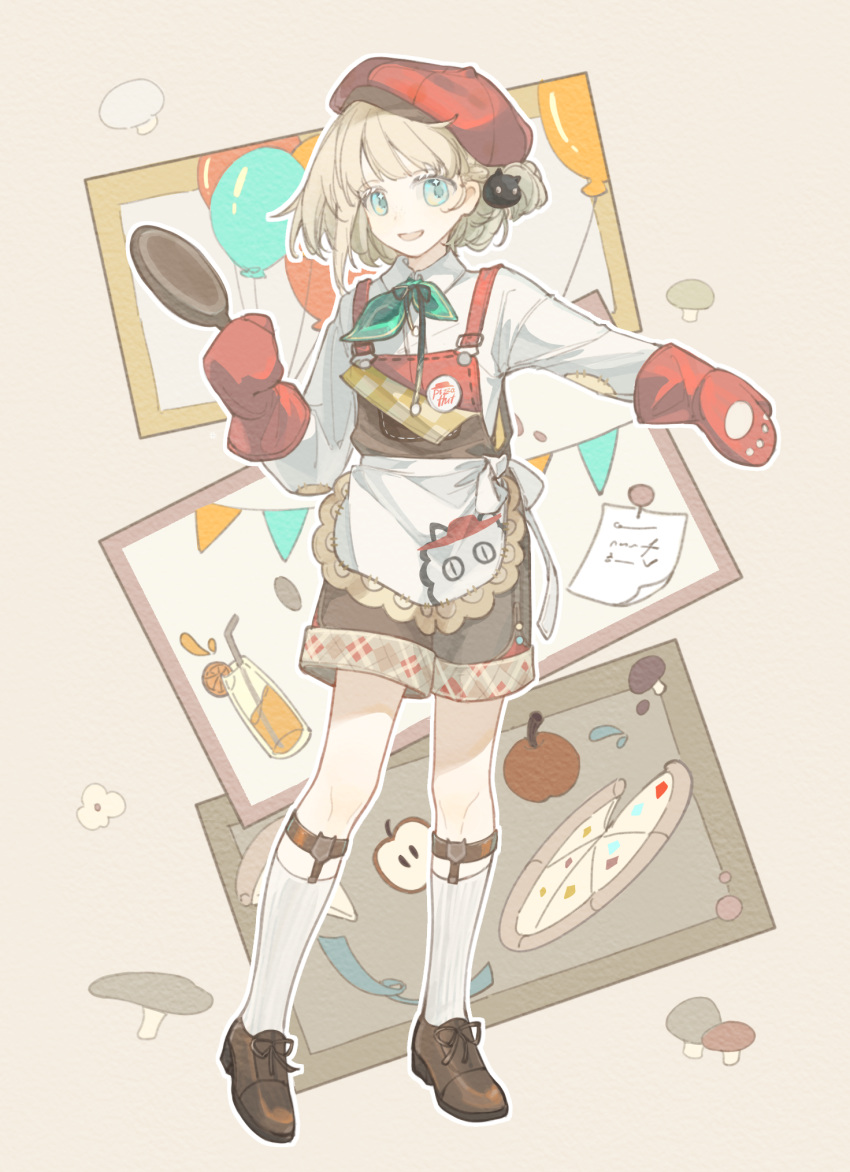 1boy :d apple apron aqua_eyes aqua_neckerchief balloon beret bishounen blonde_hair bob_cut brown_background brown_footwear brown_shorts collared_shirt cup drinking_glass ezra_theodore food fruit frying_pan full_body hat highres holding holding_frying_pan kneehighs legs_apart legwear_garter long_sleeves looking_at_viewer male_focus mittens mushroom neckerchief official_alternate_costume one_side_up oven_mitts overall_shorts overalls pizza pizza_hut red_hat red_mittens reverse:1999 shirt short_hair shorts smile socks solo standing string_of_flags tansuangai_fenmo waist_apron white_apron white_shirt white_socks