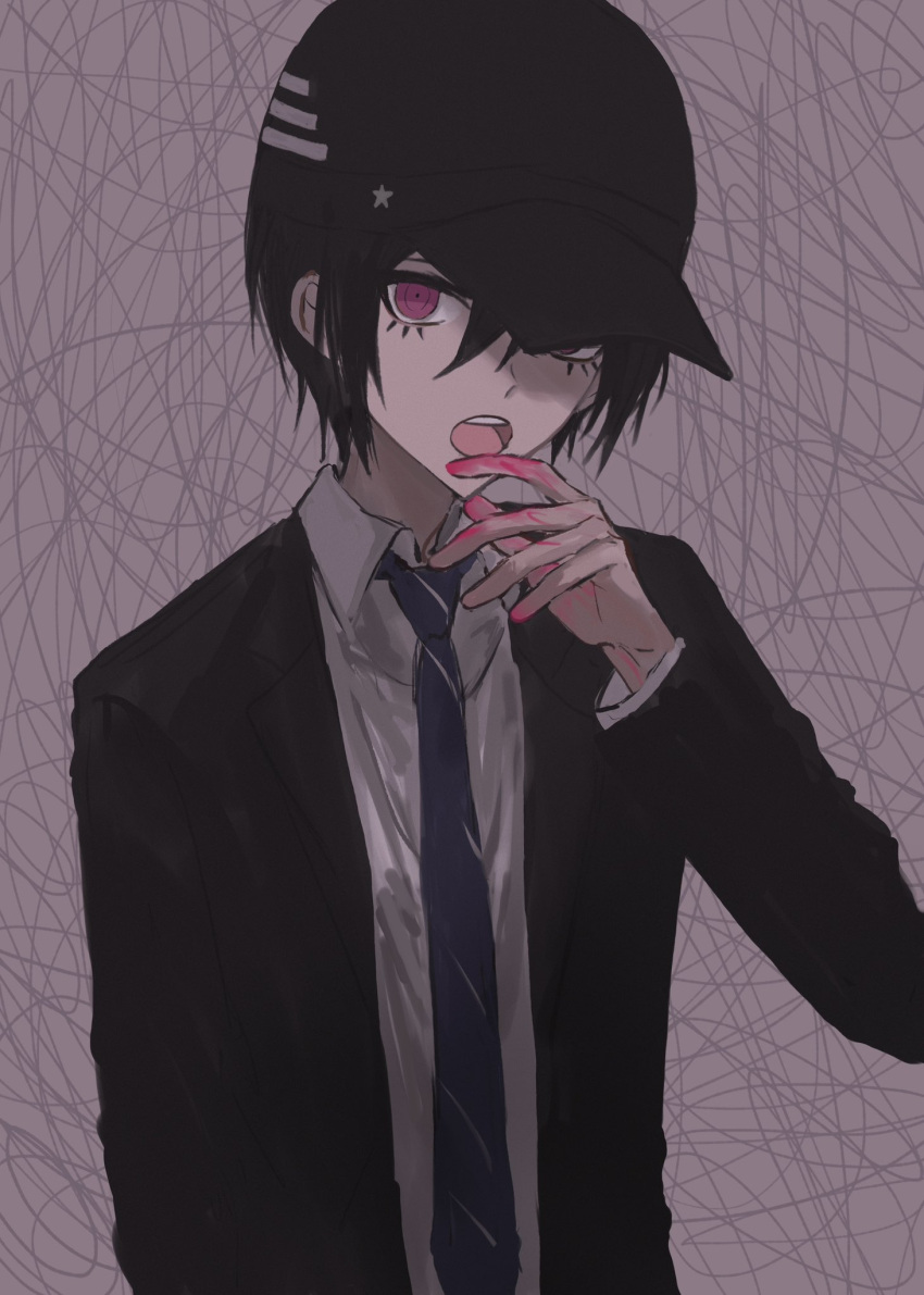 1boy :o black_hat black_jacket blood blood_on_hands blue_necktie collared_shirt danganronpa_(series) danganronpa_v3:_killing_harmony fu_ga_(vivi912912) hair_between_eyes hand_up hat highres jacket long_sleeves looking_at_viewer male_focus necktie official_alternate_costume open_clothes open_jacket pink_blood pink_eyes saihara_shuichi shirt solo striped_necktie teeth upper_body upper_teeth_only white_shirt