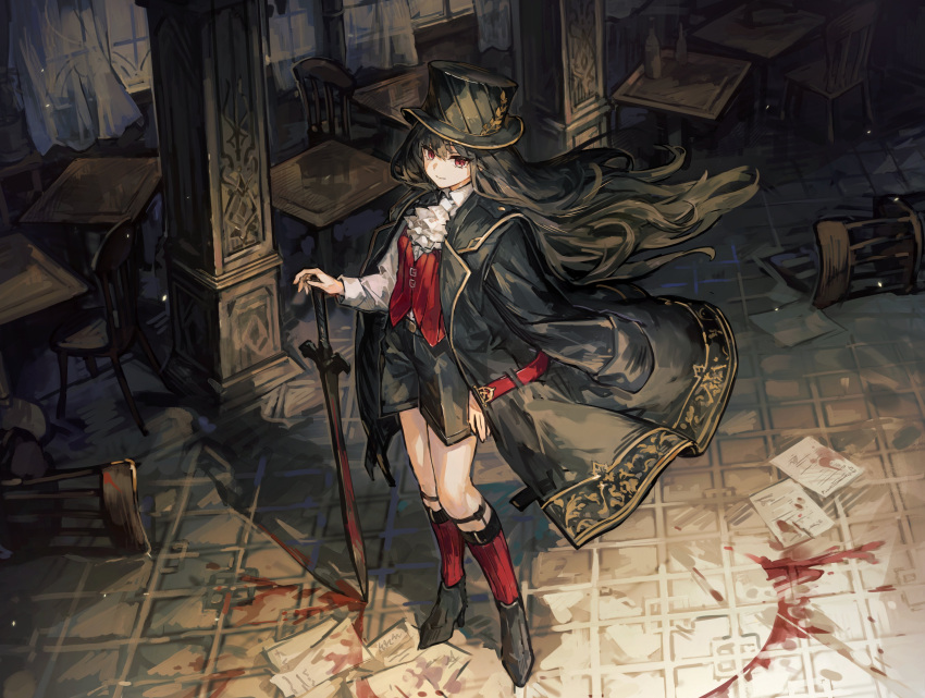 1girl absurdres arm_at_side ascot black_footwear black_hair black_hat black_jacket black_shorts blood blood_stain boots closed_mouth floating_hair formal full_body hand_on_hilt hat highres holding holding_sword holding_weapon indoors jacket jacket_on_shoulders kneehighs long_hair long_sleeves looking_at_viewer open_clothes open_jacket original pillar red_eyes red_socks red_vest shorts sidelocks smile socks solo suit_jacket sword table tile_floor tiles top_hat very_long_hair vest weapon white_ascot wooden_chair wooden_table yanyan_(shinken_gomi)