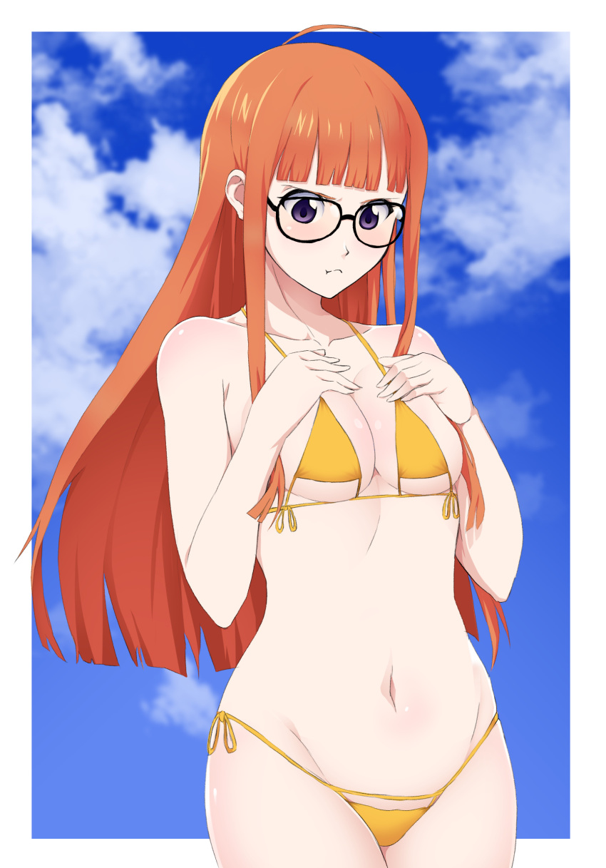 1girl :t absurdres ahoge bikini blue_sky border breast_envy breasts breasts_squeezed_together closed_mouth cloud collarbone glasses hands_on_own_chest hands_up highres long_hair monstermilk navel orange_hair persona persona_5 pout purple_eyes sakura_futaba sky small_breasts solo stomach swimsuit v-shaped_eyebrows very_long_hair white_border yellow_bikini