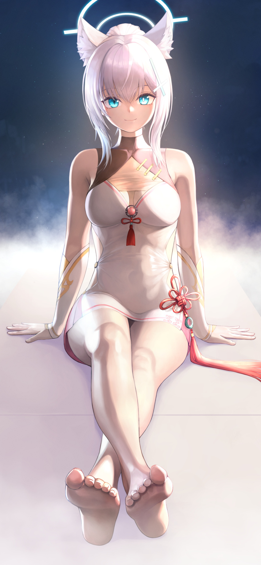 1girl absurdres animal_ear_fluff animal_ears barefoot blue_archive blue_eyes blush breasts china_dress chinese_clothes cleavage closed_mouth commentary cross_hair_ornament detached_sleeves dress feet foot_focus full_body grey_hair hair_bun hair_intakes hair_ornament halo highres looking_at_viewer mahjong_soul medium_bangs medium_breasts mismatched_pupils ruraji shiroko_(blue_archive) short_dress short_hair single_hair_bun sitting smile soles solo tassel toes white_dress white_halo white_sleeves wolf_ears wolf_girl