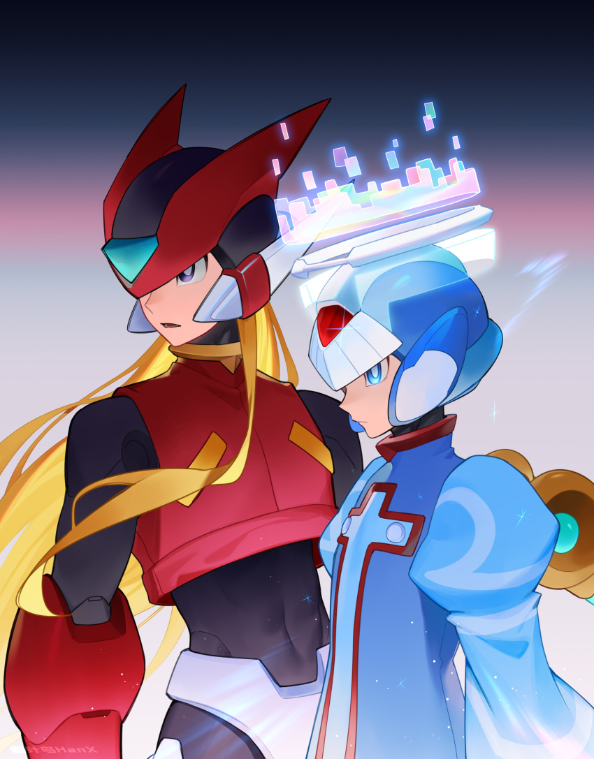 2boys absurdres android armor black_eyes blonde_hair blue_eyes blue_helmet blue_robe buzzsaw_(6631455) cyber_elf_x_(mega_man) detached_wings forehead_jewel gradient_background halo helmet highres long_hair looking_to_the_side male_focus mega_man_(series) mega_man_zero_(series) multiple_boys red_armor red_helmet robe upper_body wings x_(mega_man) zero(z)_(mega_man) zero_(mega_man)