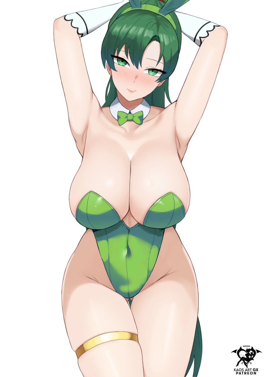 1girl arms_up bow bowtie breasts cleavage closed_mouth commentary curvy fire_emblem fire_emblem:_the_blazing_blade green_bow green_bowtie green_eyes green_hair green_hairband green_leotard hairband high_ponytail highleg highleg_leotard highres kaos_art large_breasts leotard lyn_(fire_emblem) solo thighlet thighs wide_hips