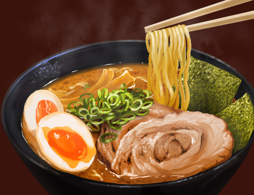 bowl brown_background chopsticks egg_(food) food food_focus meat no_humans noodles original pork ramen softboiled_egg steam th6313