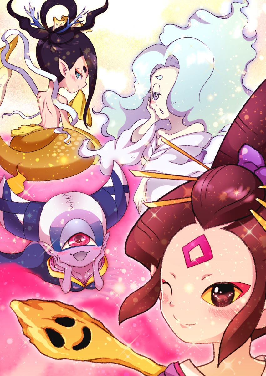 4girls aqua_hair bare_back bare_shoulders black_eyes black_hair blush breasts colored_sclera colored_skin cyclops en'enra enraenra_(youkai_watch) fujimi_gozen fuumin_(youkai_watch) hair_horns hair_ornament hair_over_one_eye hand_on_own_face hands_on_own_face highres japanese_clothes kanzashi kimono long_hair looking_at_viewer looking_back mermaid monster_girl multiple_girls off_shoulder oiran one-eyed one_eye_closed open_mouth pink_eyes pointy_ears purple_skin shiragi_(user_gdez2277) smile staff traditional_youkai white_hair yaobikuni_(youkai_watch) yellow_sclera youkai_(youkai_watch) youkai_watch