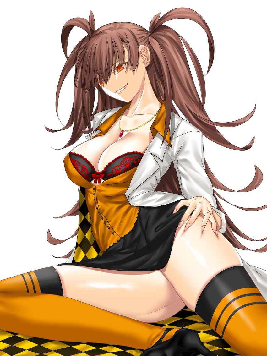 1girl artist_request bra breasts brown_hair dr._arach highres lab_coat lace lace_bra large_breasts long_hair looking_at_viewer orange_thighhighs orange_vest patterned_clothing smile thighhighs tsukihime tsukihime_(remake) underwear vest white_background yellow_eyes