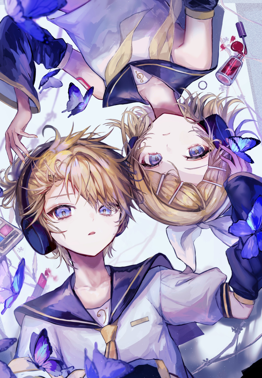 1boy 1girl absurdres bass_clef black_sailor_collar black_sleeves blonde_hair blue_butterfly blue_eyes bow breasts bug butterfly closed_mouth collarbone commentary_request detached_sleeves eyeshadow_box flipped_hair from_above hair_bow hair_ornament hairclip hand_on_another's_head headphones heads_together highres kagamine_len kagamine_rin lipstick looking_at_viewer looking_up lying makeup messy_hair midriff_peek nail_polish nail_polish_bottle nail_polish_brush neckerchief necktie on_back parted_bangs parted_lips pipi plant rotational_symmetry sailor_collar shirt short_hair short_sleeves shoulder_tattoo sleeveless sleeveless_shirt small_breasts tattoo thick_eyelashes treble_clef undone_neckerchief upper_body upside-down vines vocaloid white_bow white_shirt wide_sleeves yellow_nails yellow_neckerchief yellow_necktie