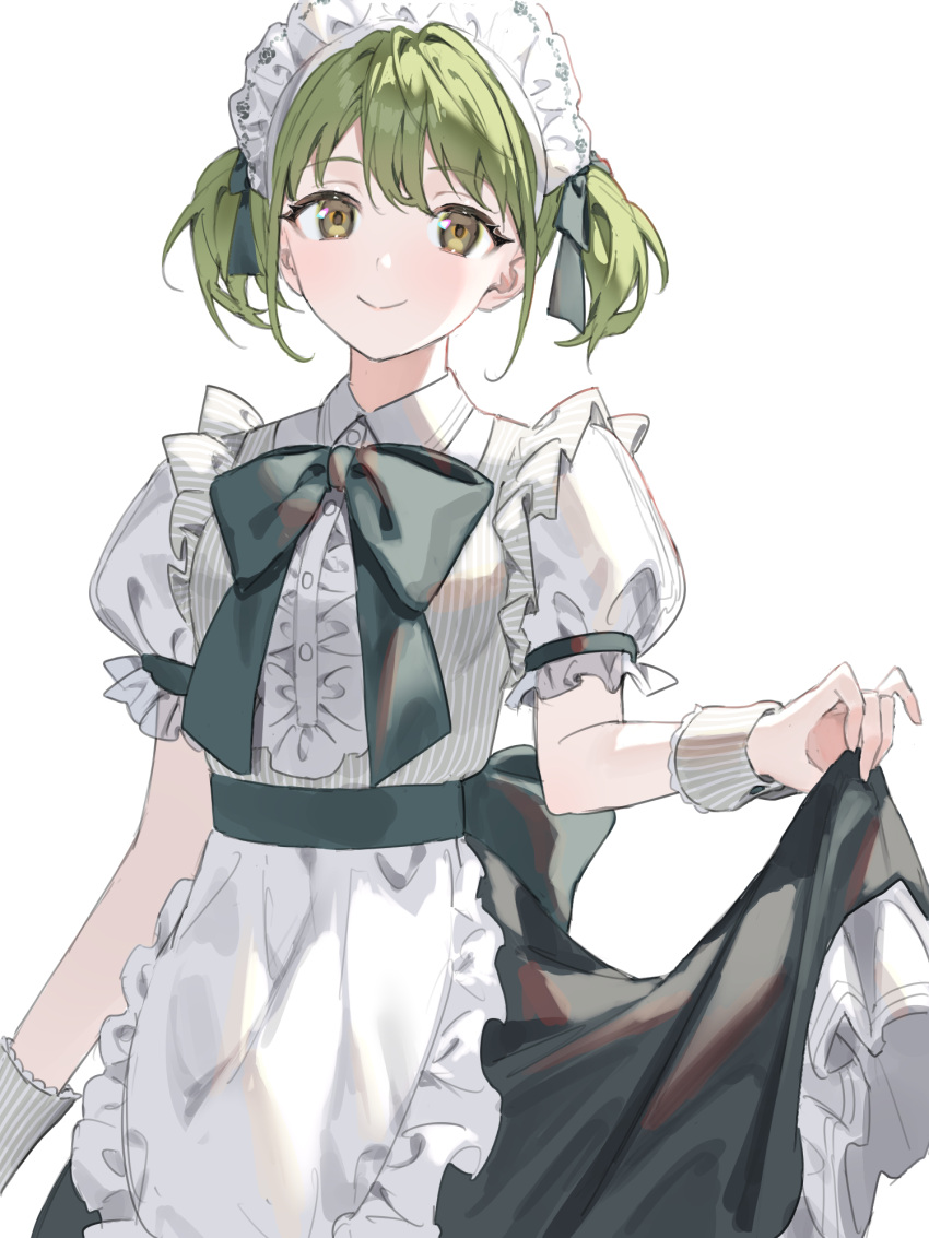 1girl alternate_costume apron blush center_frills enmaided frills green_hair highres idolmaster idolmaster_shiny_colors looking_at_viewer maid maid_headdress nanakusa_nichika puffy_short_sleeves puffy_sleeves short_sleeves short_twintails simple_background skirt_hold smile solo twintails waist_apron white_apron white_background wrist_cuffs yumeme_818