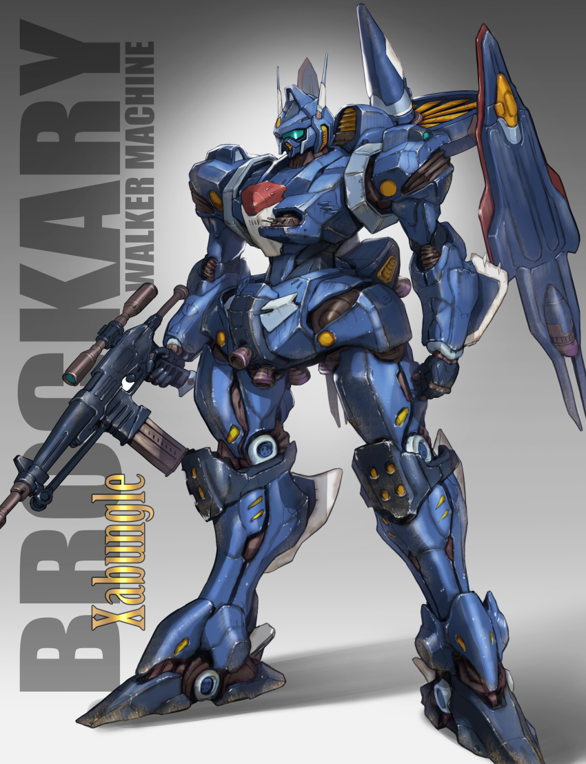 absurdres arms_at_sides assault_visor brockary_type character_name clenched_hand commentary_request copyright_name english_text finger_on_trigger full_body gun highres holding holding_gun holding_weapon maeda_hiroyuki mecha mecha_focus no_humans redesign robot science_fiction sentou_mecha_xabungle shadow solo standing thrusters turret weapon