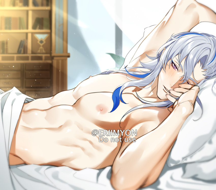 1boy abs arm_up artist_name bed_sheet bedroom eriimyon genshin_impact hair_between_eyes highres indoors looking_at_viewer lying male_focus multicolored_hair muscular muscular_male neuvillette_(genshin_impact) nipples on_back on_bed one_eye_closed pillow purple_eyes solo streaked_hair sunlight topless_male twitter_username under_covers white_hair