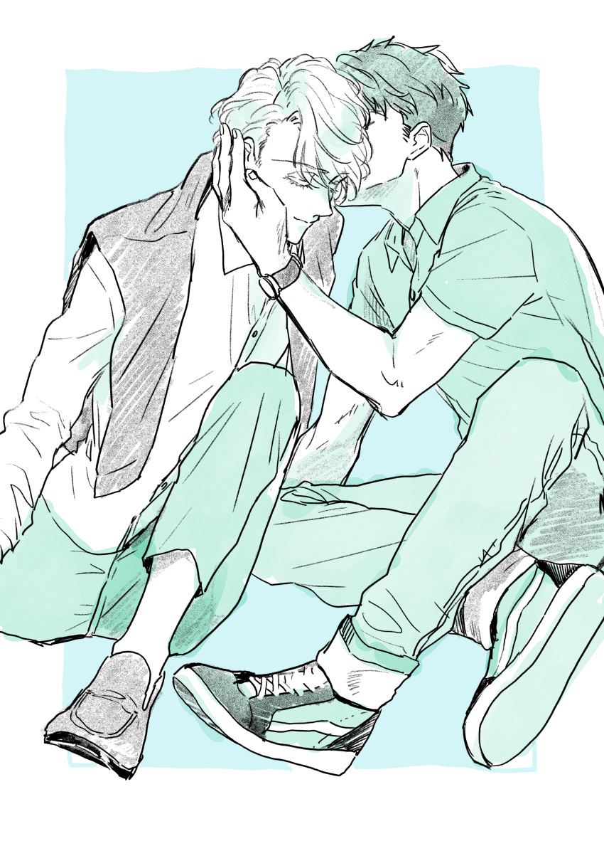 2boys absurdres arioku closed_eyes highres hosekisho_richard-shi_no_nazo_kantei multiple_boys nakata_seigi richard_ranashinha_de_vulpian shoes short_sleeves simple_background sitting sneakers watch wristwatch yaoi