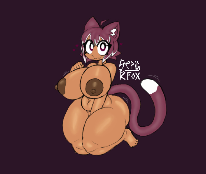 :3 ahoge animal_humanoid areola big_breasts big_butt big_nipples breasts brown_nipples butt callie_(sepiakfox) cat_humanoid cat_tail dark_body dark_skin dipstick_tail eyelashes eyelashes_through_hair feet felid felid_humanoid feline feline_humanoid female hair heart_symbol hi_res huge_breasts humanoid looking_at_viewer mammal mammal_humanoid markings maroon_eyes maroon_hair maroon_tail motion_lines navel nipples nude pupils sepiakfox sitting solo tail tail_markings thick_thighs translucent translucent_hair under_boob white_hair_tips white_pupils white_tail_tip