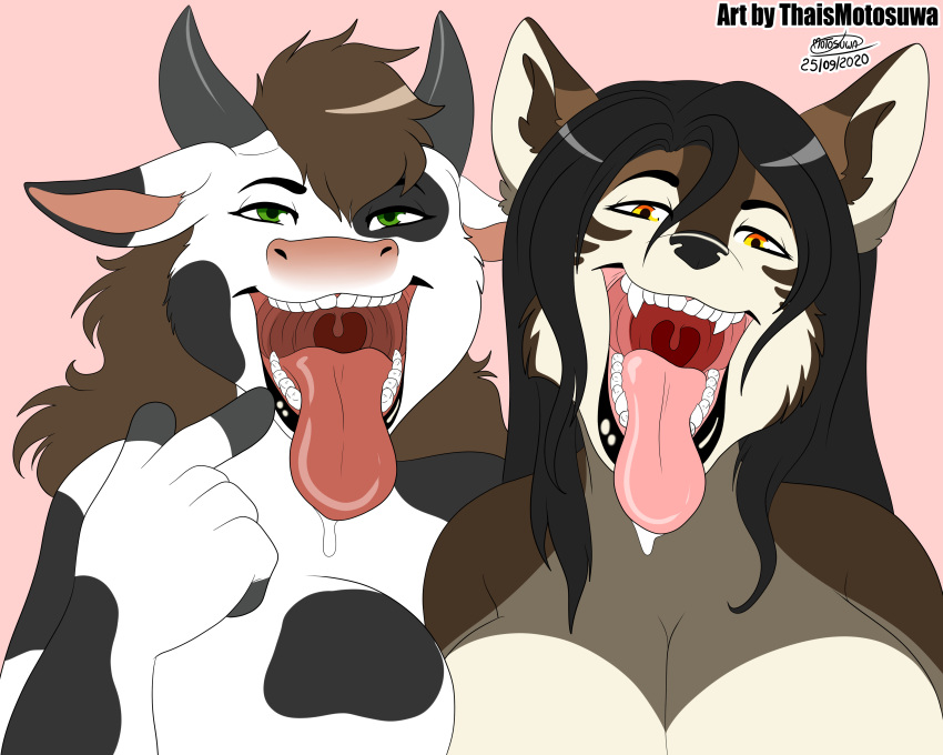 2020 absurd_res alst anthro bodily_fluids bovid bovine canid canine canis cattle duo female female/female hi_res horn mammal mawplay mexican_wolf mouth_shot open_mouth saliva saliva_on_tongue smile teeth thaismotosuwa tongue tongue_out vore wolf