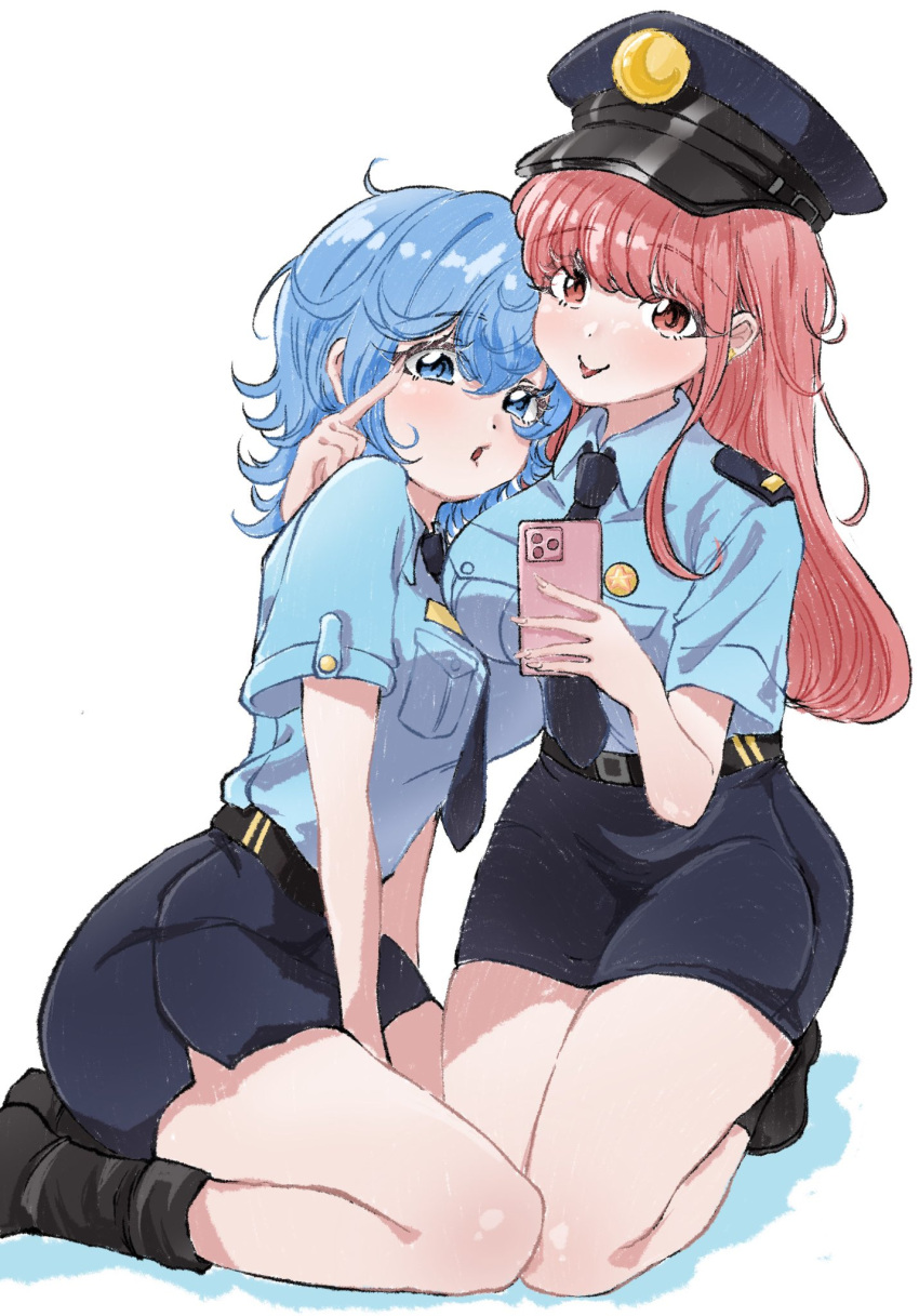 2girls arm_between_legs asahina_yuni black_footwear blue_eyes blue_hair blue_shirt blue_skirt boots breasts cellphone commentary hair_between_eyes hashtag-only_commentary hat highres holding holding_phone kyou_wa_kanojo_ga_inai_kara large_breasts long_hair looking_at_viewer medium_breasts medium_hair multiple_girls open_mouth phone pink_eyes pink_hair police police_hat police_uniform policewoman rorol_reime seiza selfie shirt short_sleeves sidelocks simple_background sitting skirt smartphone taki_fuuko uniform white_background wolf_cut