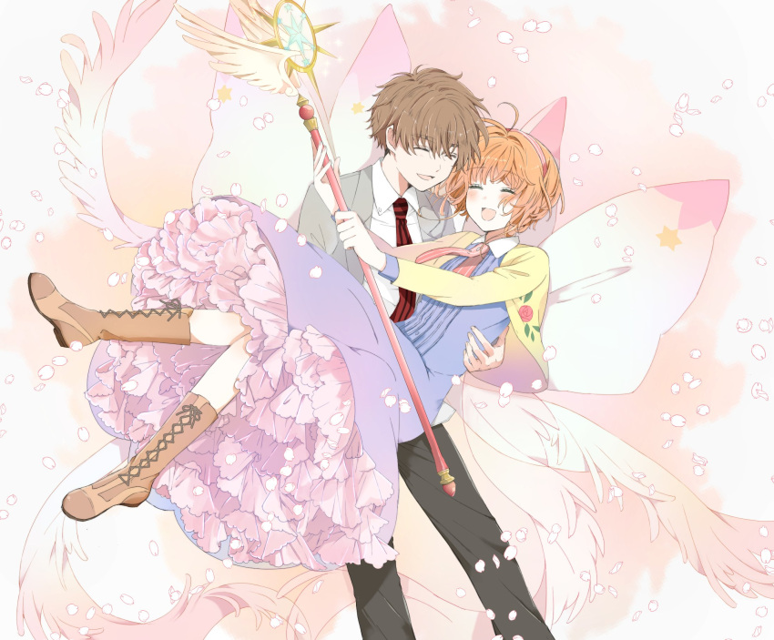 1boy 1girl antenna_hair boots brown_hair cardcaptor_sakura carrying cherry_blossoms closed_eyes collared_dress collared_shirt couple dress frilled_dress frills full_body hetero highres holding holding_wand jacket kinomoto_sakura li_syaoran necktie open_clothes open_jacket open_mouth petals princess_carry rii2a77ru shirt short_hair smile suit wand