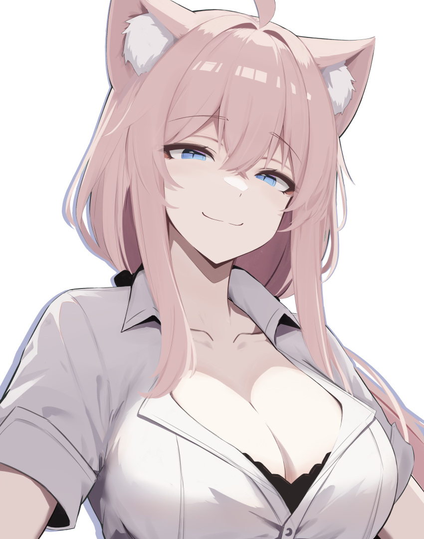 1girl absurdres ahoge animal_ear_fluff animal_ears blue_eyes breasts cat_ears cleavage collarbone commentary hair_intakes highres large_breasts long_hair looking_at_viewer neko_(solution1988) original pink_hair shirt short_sleeves smile solo upper_body white_shirt