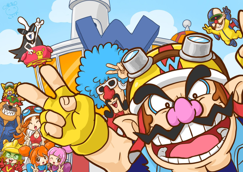 3girls 6+boys 9-volt alien ana_(warioware) blue_hair blue_sky brown_eyes brown_hair colored_skin denkikurage1105 dr._crygor dribble_(warioware) facial_hair fangs fingerless_gloves furry furry_male gloves helmet highres jimmy_t jumpsuit kat_(warioware) looking_at_viewer mona_(warioware) motorcycle_helmet multiple_boys multiple_girls mustache open_mouth orange_hair orbulon pink_hair pointy_ears sky smile spitz sunglasses thick_eyebrows v wario warioware white_skin yellow_gloves yellow_jumpsuit