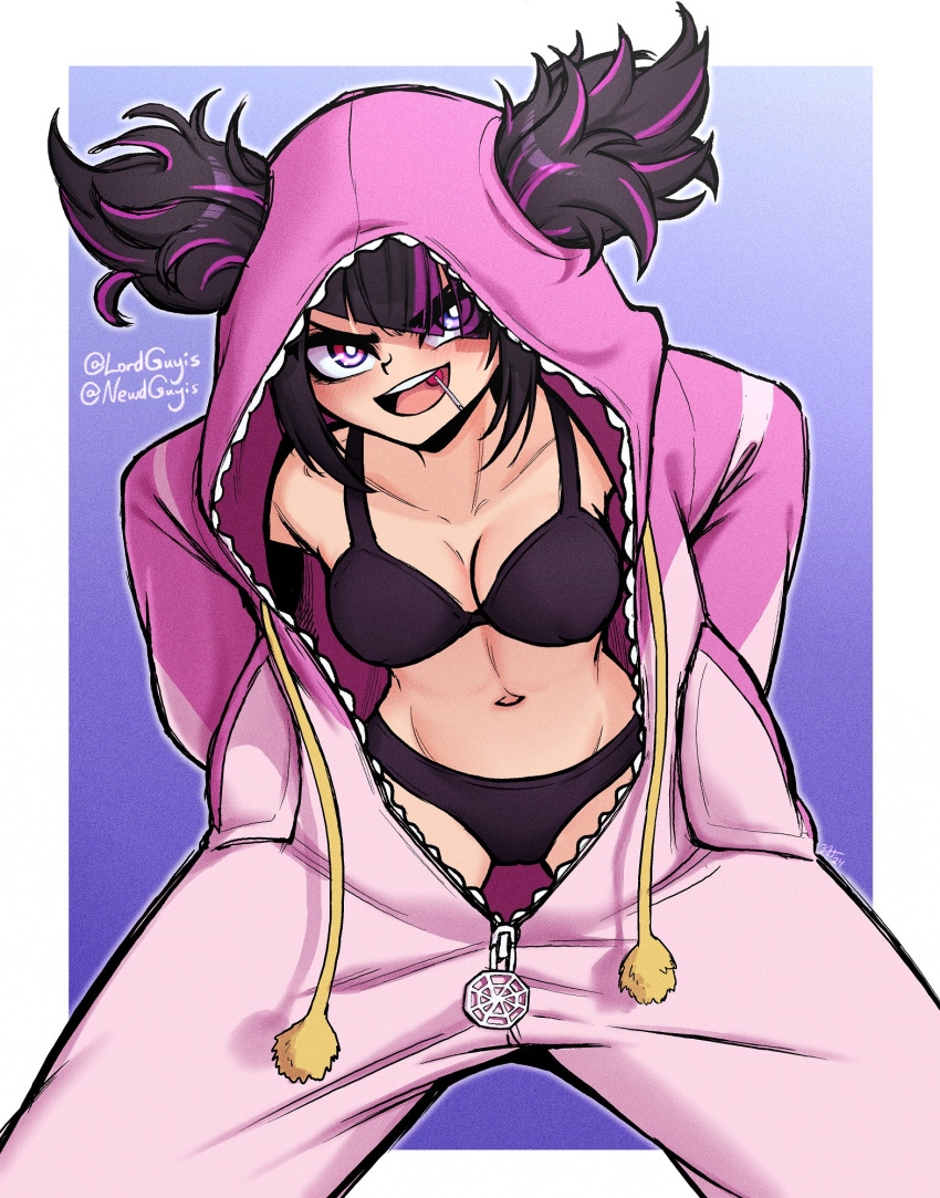 1girl bra breasts candy food hair_horns hair_through_hood han_juri highres lollipop looking_at_viewer lord_guyis multicolored_hair navel official_alternate_costume onesie open_mouth open_pajamas pajamas panties pink_pajamas solo street_fighter street_fighter_6 underwear unzipped