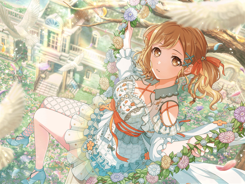 1girl bang_dream! bird blonde_hair braid branch brown_eyes building clothing_cutout cross-laced_clothes dress feathers fishnet_pantyhose fishnets floral_print flower flower_bed frilled_sleeves frills from_above gem hair_ornament hair_ribbon high_heels ichigaya_arisa jacket looking_up official_art outdoors pantyhose parted_lips pearl_(gemstone) ribbon see-through see-through_jacket shoulder_cutout single_leg_pantyhose sitting third-party_source tree twintails x_hair_ornament