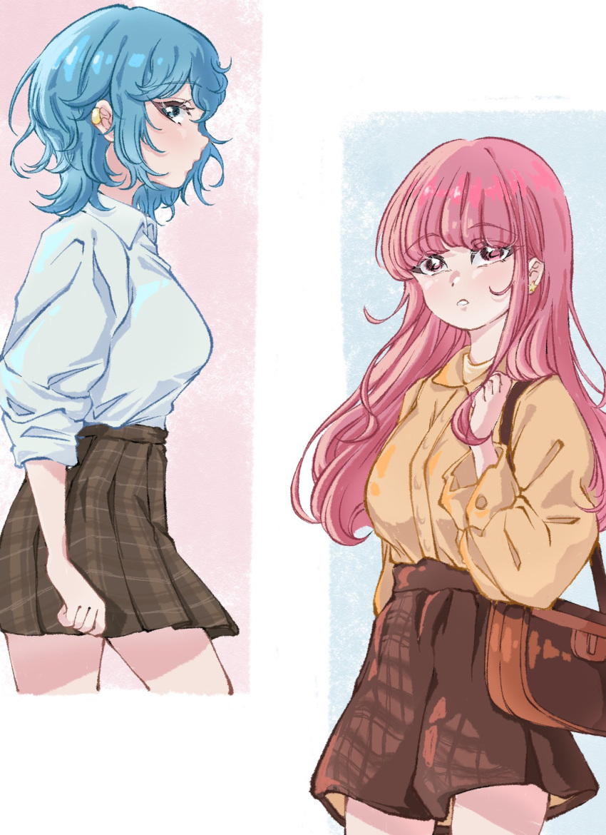 2girls asahina_yuni bag blue_eyes blue_hair blue_shirt breasts brown_bag brown_shirt brown_skirt collared_shirt commentary cropped_legs dress_shirt earrings hashtag-only_commentary highres jewelry kyou_wa_kanojo_ga_inai_kara long_hair looking_at_viewer medium_breasts medium_hair multiple_girls open_mouth pink_hair plaid plaid_skirt pleated_skirt rorol_reime school_uniform shirt shirt_tucked_in shoulder_bag sidelocks skirt sleeves_past_elbows sleeves_rolled_up star_(symbol) star_earrings taki_fuuko wolf_cut