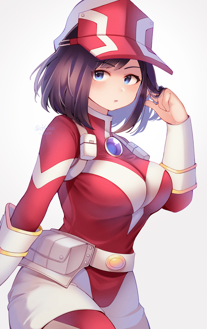 1girl absurdres belt belt_pouch blue_eyes boku_no_hero_academia breasts chikuwa_savy cleavage expressionless headwear_request highres kodai_yui large_breasts looking_at_viewer medium_hair pants playing_with_own_hair pouch red_shirt shirt solo tight_clothes tight_shirt white_pants