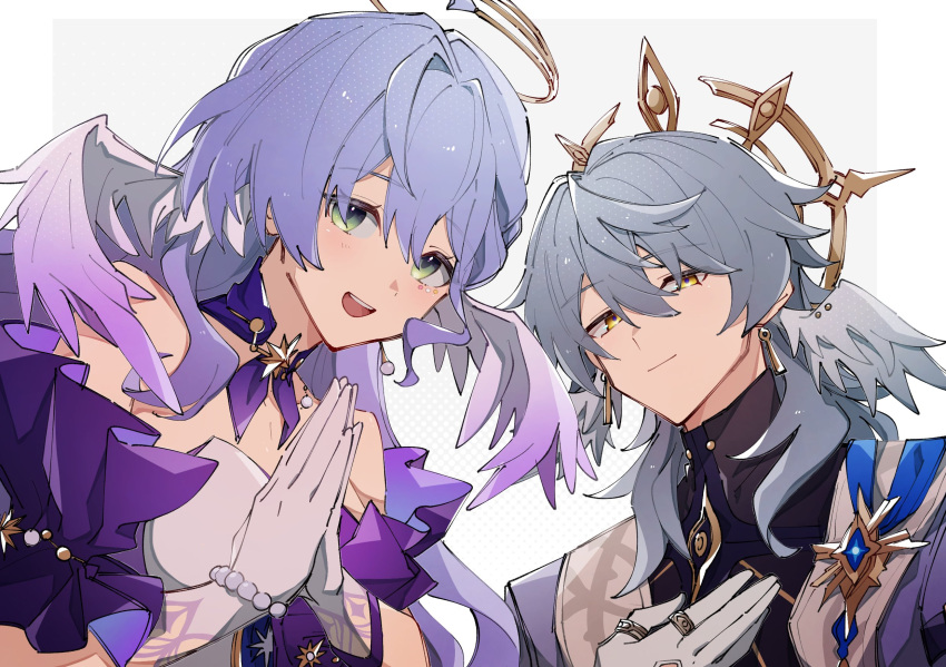 1boy 1girl aqua_eyes bare_shoulders brother_and_sister detached_sleeves dress gloves hair_between_eyes halo head_wings highres honkai:_star_rail honkai_(series) jifu_(gifu_7) long_hair looking_at_viewer own_hands_together purple_dress purple_hair robin_(honkai:_star_rail) short_sleeves siblings simple_background sunday_(honkai:_star_rail) two-tone_background upper_body white_dress white_gloves white_wings wings