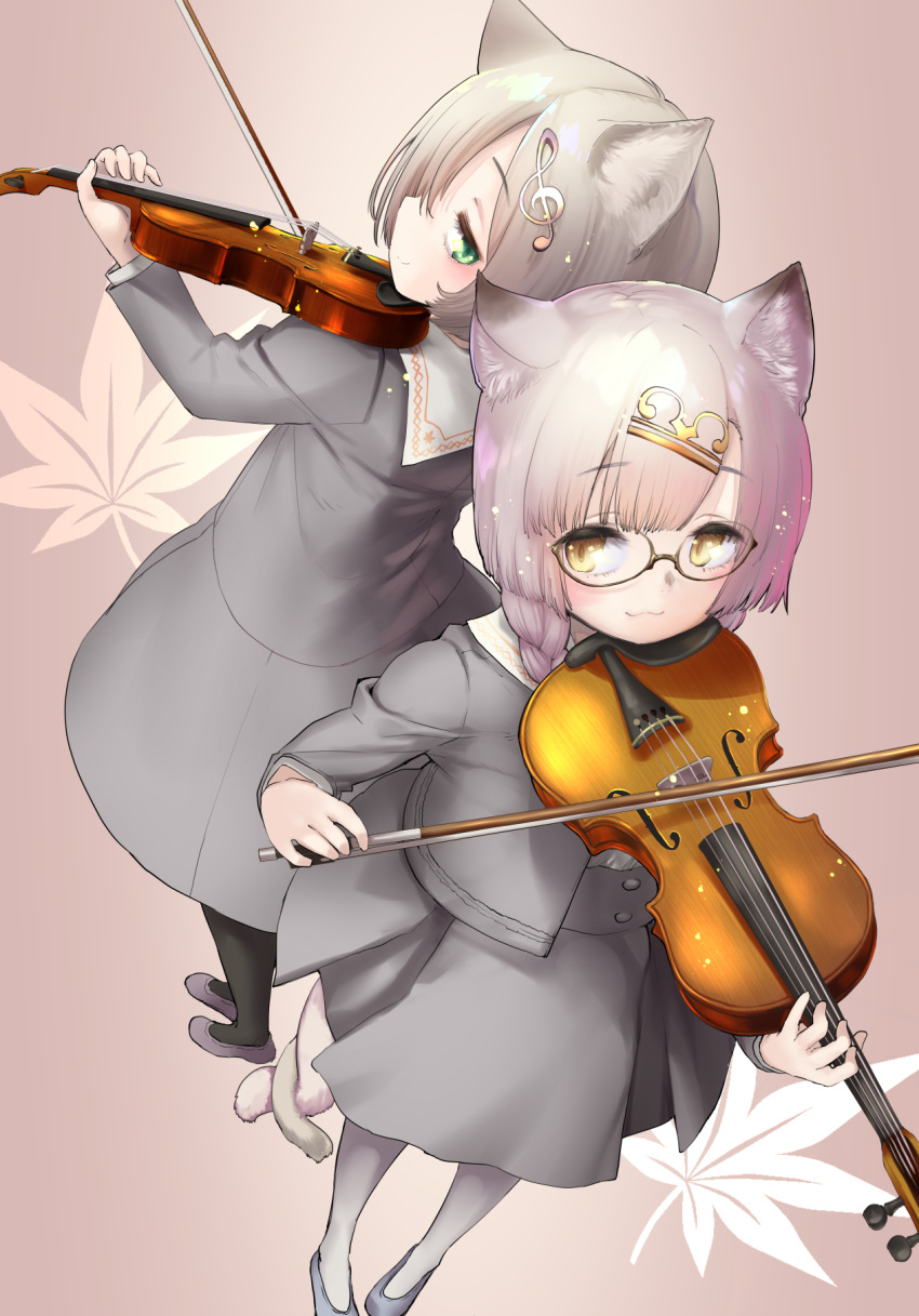 2girls :3 animal_ear_fluff animal_ears autumn_leaves black-framed_eyewear black_pantyhose blush braid cat_ears cat_girl cat_tail commentary_request from_above glasses green_eyes grey_hair grey_jacket grey_skirt hair_ornament highres holding holding_instrument holding_violin instrument intertwined_tails jacket looking_at_viewer mozu_(peth) multiple_girls musical_note musical_note_hair_ornament open_clothes open_jacket original pantyhose short_hair skirt slit_pupils smile tail treble_clef twin_braids violin white_pantyhose yellow_eyes