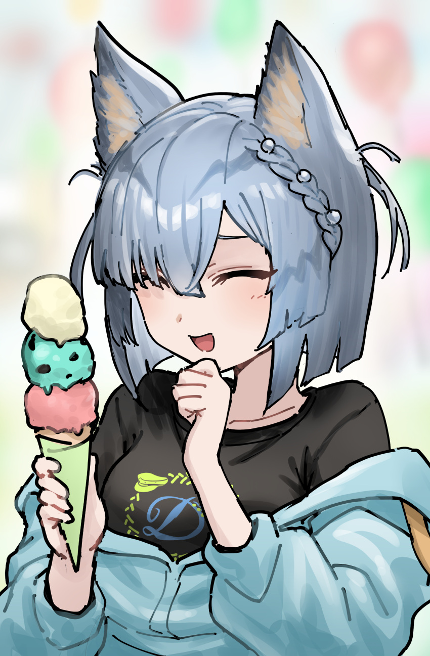 1girl :d ^_^ absurdres animal_ear_fluff animal_ears arknights balloon black_shirt blue_jacket blurry blurry_background braid breasts closed_eyes collarbone delphine_(arknights) depth_of_field facing_viewer food grey_hair hands_up highres holding holding_food ice_cream ice_cream_cone jacket landl long_sleeves medium_breasts off_shoulder puffy_long_sleeves puffy_sleeves shirt short_hair smile solo triple_scoop