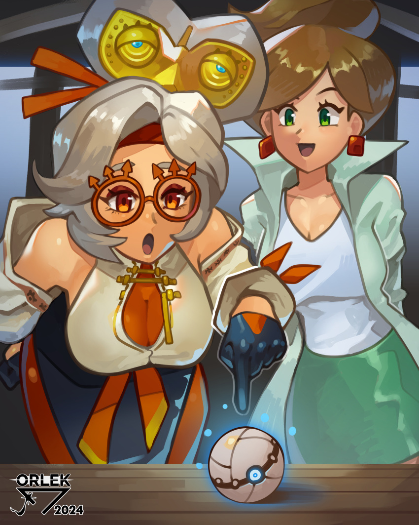 absurdres aurea_juniper breasts brown_hair cleavage company_connection crossover glasses gloves glowing headband highres lab_coat large_breasts nintendo open_mouth orlek pointing poke_ball pokemon pokemon_bw purah table the_legend_of_zelda the_legend_of_zelda:_tears_of_the_kingdom trait_connection updo