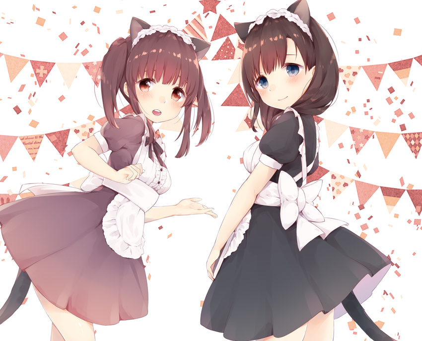 alternate_costume animal_ears apron bangs banner black_dress black_ribbon blue_eyes blunt_bangs blush bow brown_dress brown_eyes brown_hair buttons cat_ears cat_tail closed_mouth commentary_request confetti cowboy_shot cross-laced_clothes dress enmaided extra_ears frilled_apron frilled_hairband frills from_behind hairband highres idolmaster idolmaster_cinderella_girls large_bow leaning_forward looking_at_viewer maid manatsuki_manata medium_dress medium_hair multiple_girls ogata_chieri open_mouth outstretched_hand puffy_short_sleeves puffy_sleeves ribbon sakuma_mayu shiny shiny_skin short_sleeves sidelocks smile standing straight_hair string_of_flags tail tareme teeth twintails white_background white_bow