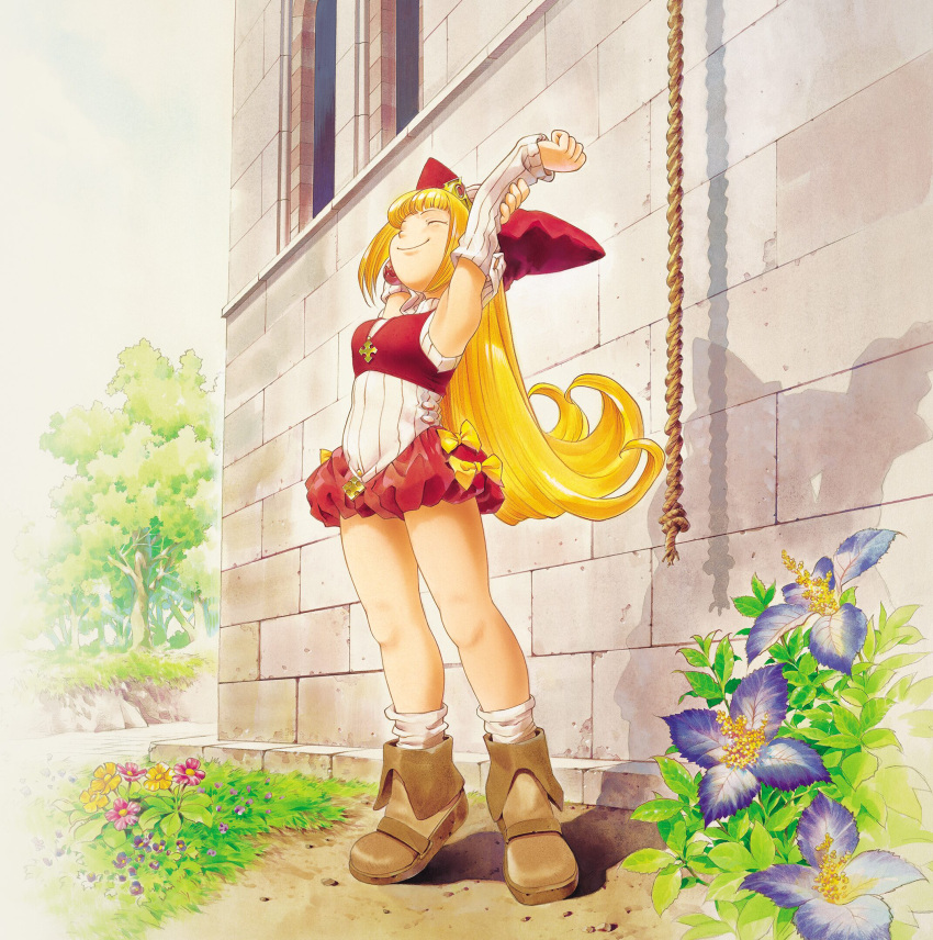 1girl armpits arms_up blonde_hair brown_footwear closed_eyes day flipped_hair flower full_body hat highres kururu_(rhapsody) leotard long_sleeves marl_kingdom non-web_source outdoors rhapsody rope smile solo standing