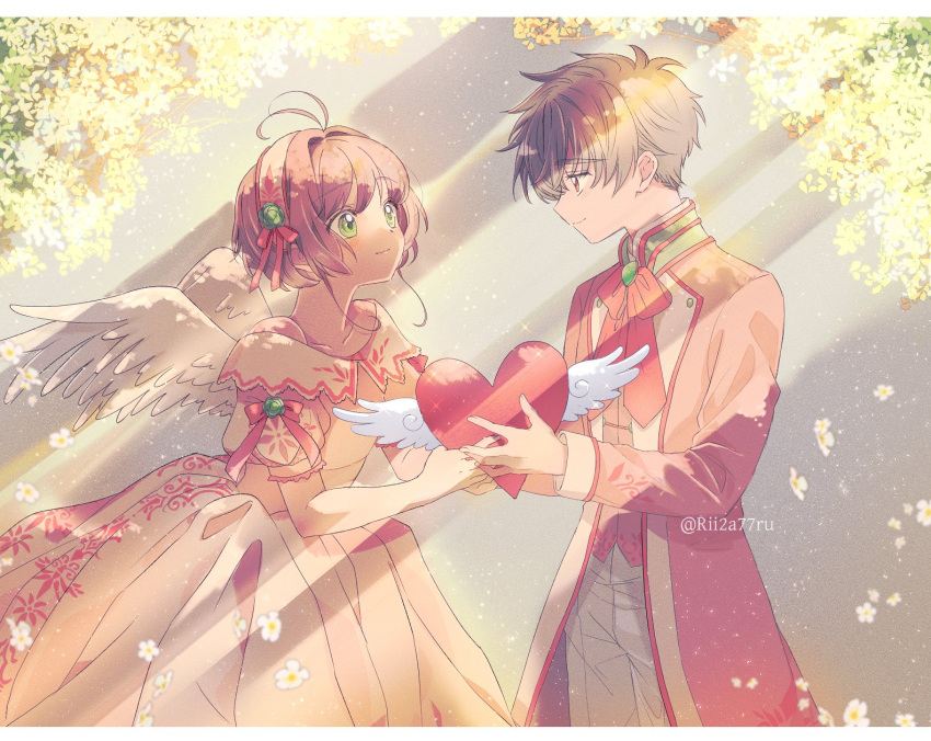 1boy 1girl angel_wings antenna_hair brooch brown_eyes brown_hair cardcaptor_sakura couple dappled_sunlight dress feathered_wings flower gloves green_eyes heart hetero highres jacker jewelry kinomoto_sakura li_syaoran looking_at_another rii2a77ru short_hair smile sunlight white_wings wings