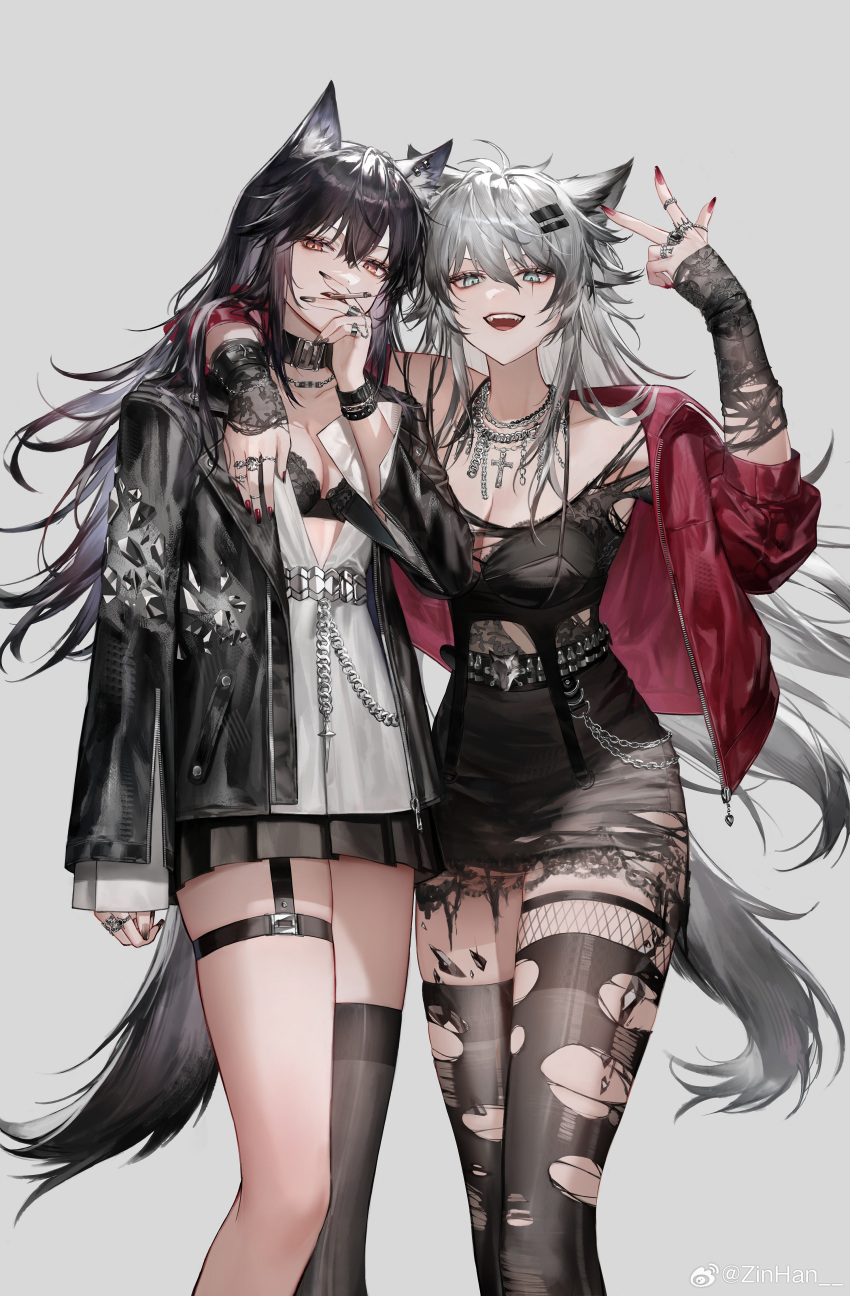 2girls absurdres alternate_costume animal_ear_fluff animal_ears arknights belt black_hair black_jacket chain cigarette commentary fek_zin garter_straps gloves grey_eyes grey_hair hashtag-only_commentary highres jacket lappland_(arknights) long_hair long_sleeves miniskirt multiple_girls open_clothes open_jacket open_mouth shirt skirt smoking tail texas_(arknights) thighhighs torn_clothes torn_shirt torn_thighhighs weibo_logo weibo_watermark wolf_ears wolf_girl wolf_tail