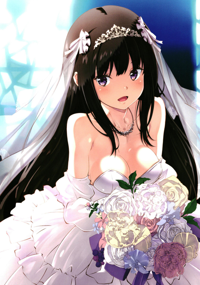 1girl black_hair blush bouquet breasts bridal_veil cleavage dress highres inoue_takina izumi_mahiru jewelry large_breasts long_hair looking_at_viewer lycoris_recoil necklace non-web_source open_mouth purple_eyes smile solo veil wedding_dress white_dress