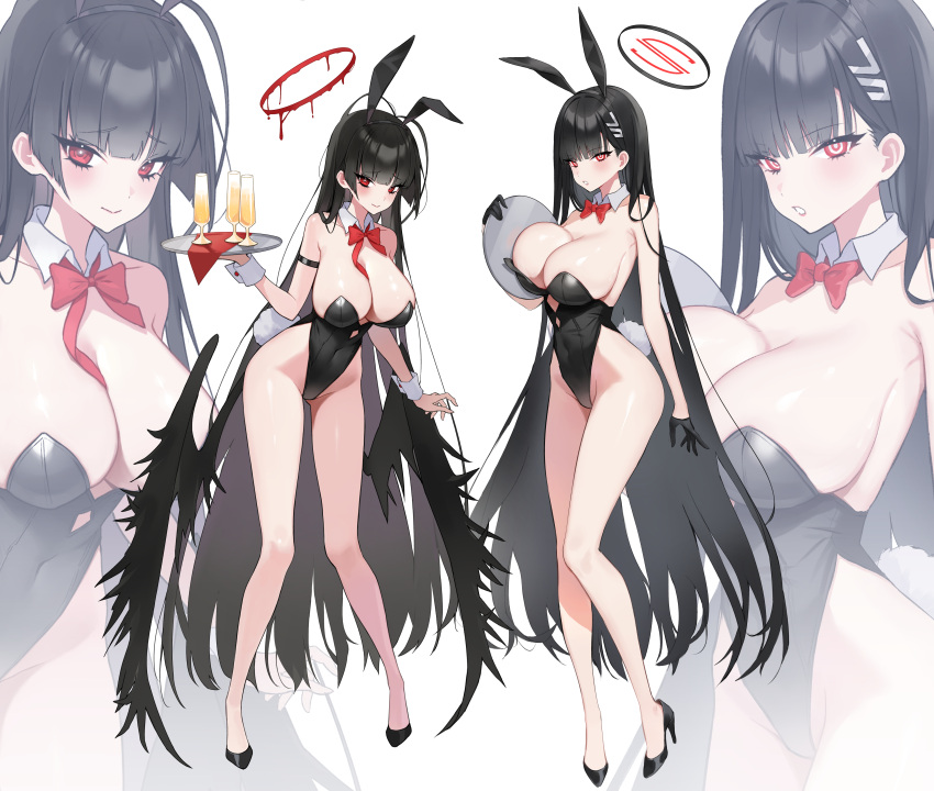 2girls absurdres alternate_costume animal_ear_hairband animal_ears antenna_hair bare_legs black_footwear black_gloves black_hair black_leotard black_wings blue_archive blush bow bowtie breasts champagne_flute clothing_cutout covered_navel cup detached_collar drinking_glass fake_animal_ears fake_tail full_body gloves hairband halo high_heels highleg highleg_leotard highres holding holding_tray hovaku large_breasts leotard long_hair looking_at_viewer melting_halo multiple_girls playboy_bunny rabbit_ear_hairband rabbit_ears rabbit_tail red_bow red_bowtie red_eyes rio_(blue_archive) simple_background straight_hair strapless strapless_leotard tail tray tsurugi_(blue_archive) very_long_hair white_background wings wrist_cuffs zoom_layer
