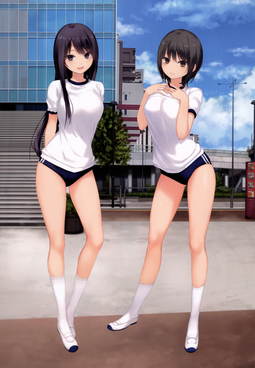 2girls absurdres aoyama_sumika black_buruma black_hair blue_buruma buruma coffee-kizoku gym_uniform highres multiple_girls original panties_under_buruma shiramine_rika