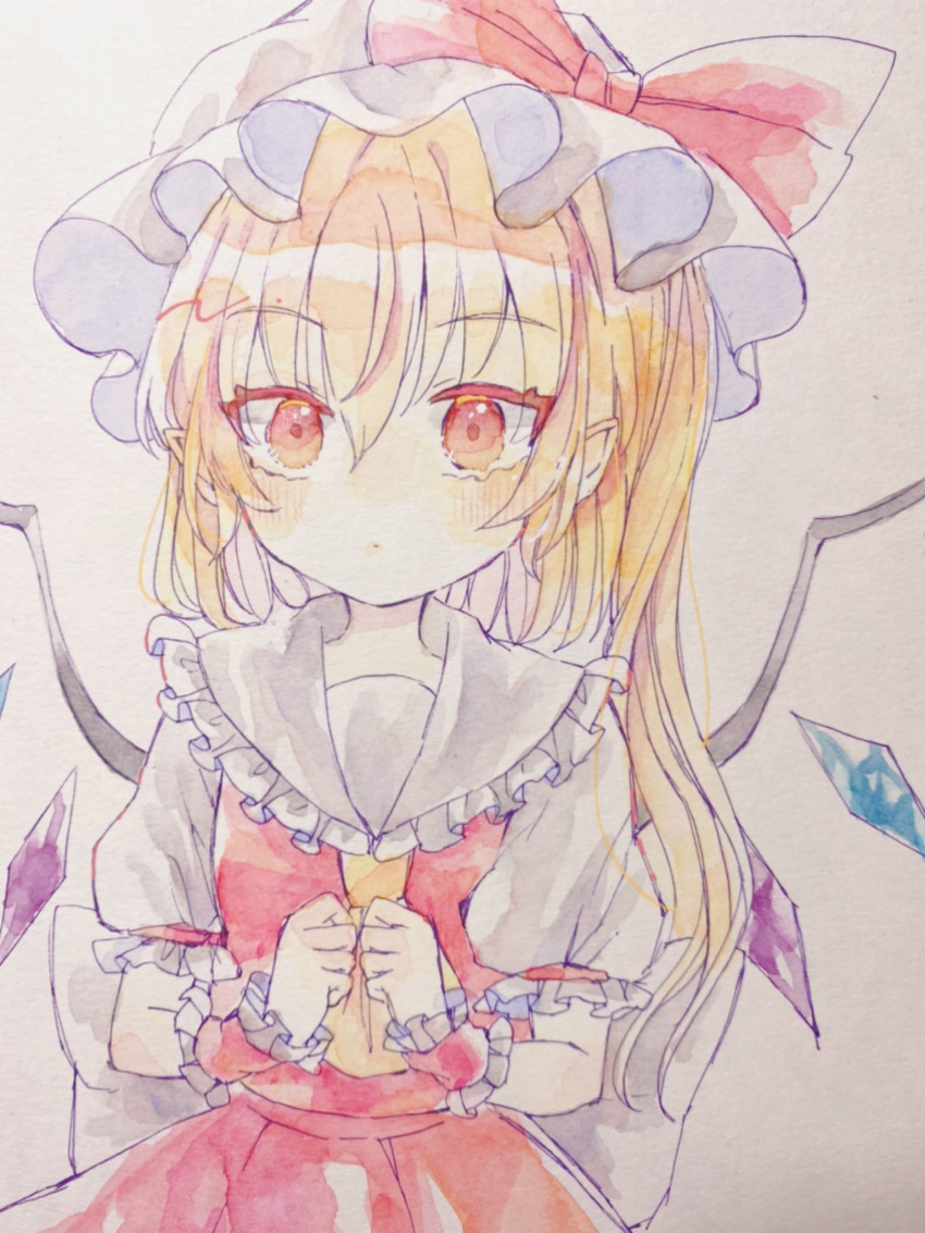 1girl ascot bat_wings blonde_hair crystal flandre_scarlet hat hat_ribbon highres hiyuu_(hiyualice) mob_cap multicolored_wings one_side_up puffy_short_sleeves puffy_sleeves red_eyes red_skirt red_vest ribbon short_sleeves side_ponytail skirt skirt_set solo touhou traditional_media upper_body vest white_hat wings yellow_ascot